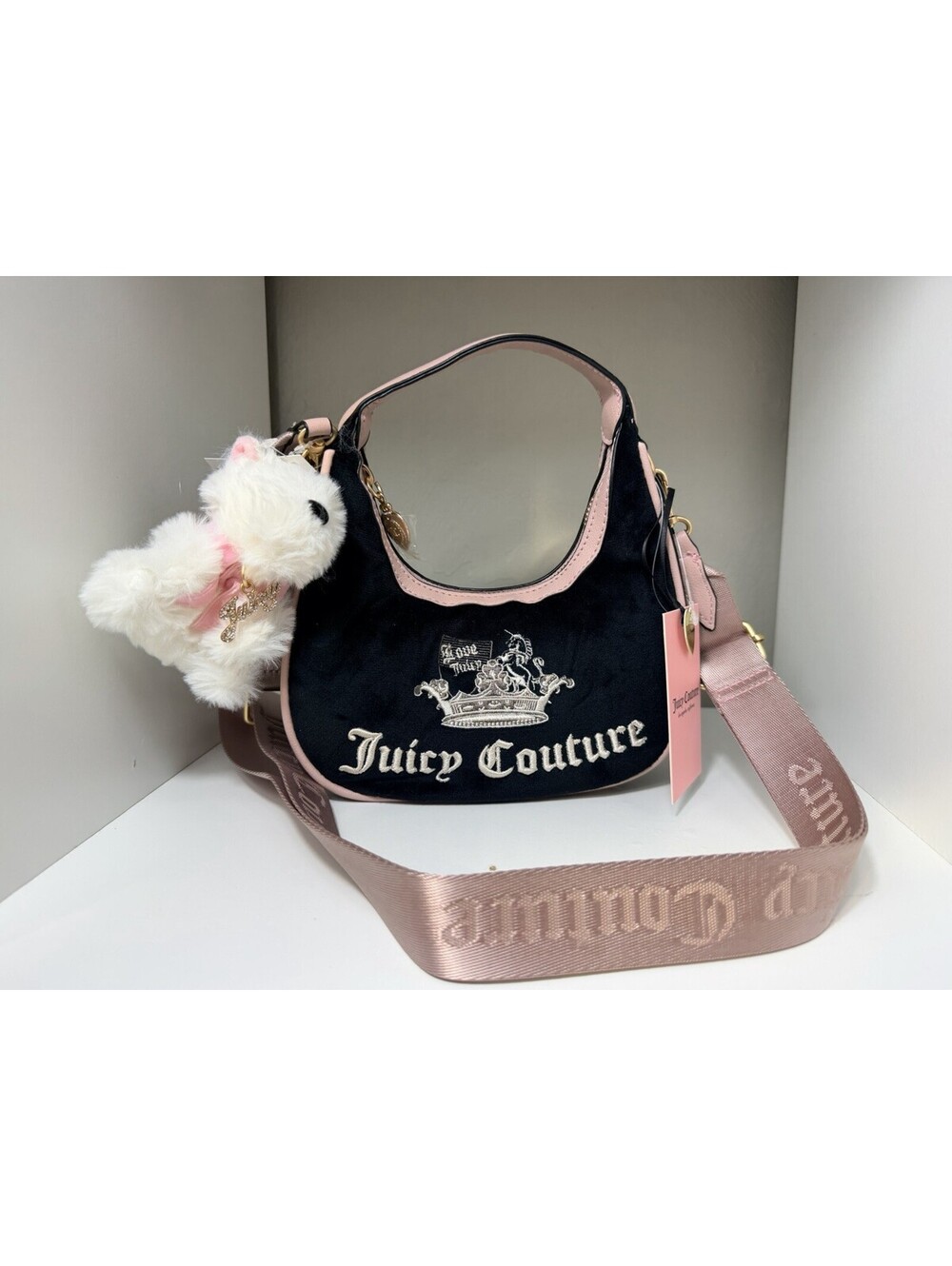 Juicy Couture Crown Hobo Crossbody Bag Liquorice Y2K Inspired Dog Charm